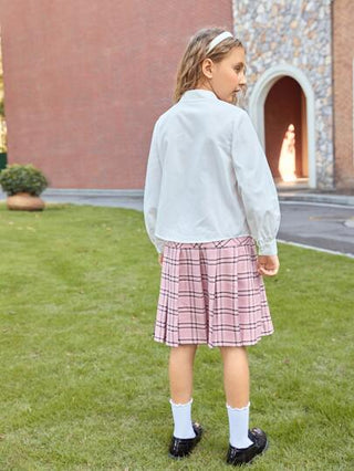 girls-sets بنات قابل للإزالة قوس بلوزة مع طباعة مربع النقش طقم تنورة
