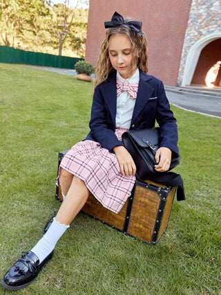 girls-sets بنات قابل للإزالة قوس بلوزة مع طباعة مربع النقش طقم تنورة