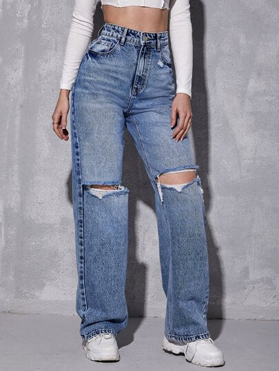SHEIN ICON بنطلون جينز بويفريند خصر عالي ممزق