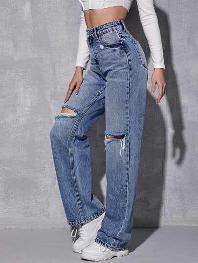 SHEIN ICON بنطلون جينز بويفريند خصر عالي ممزق