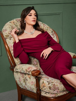 Modelyn فستان أحمر بوردو مع أكتاف مكشوفة وأكمام متدلية ومفتوح الظهر