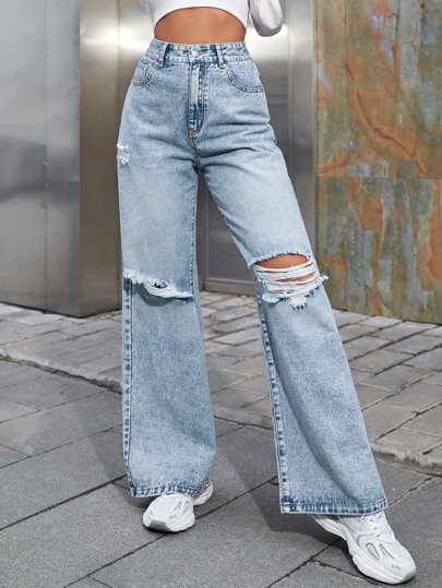SHEIN EZwear بنطلون جينز بساق عريض ممزق خصر عالي