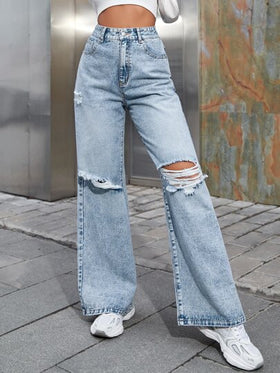 SHEIN EZwear بنطلون جينز بساق عريض ممزق خصر عالي