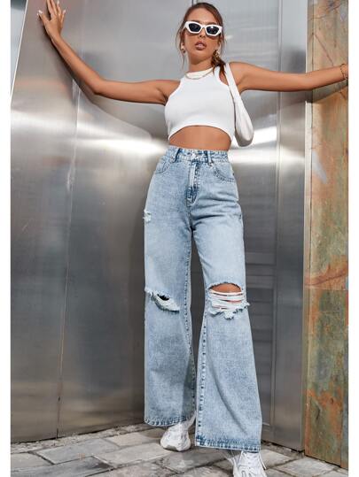 SHEIN EZwear بنطلون جينز بساق عريض ممزق خصر عالي
