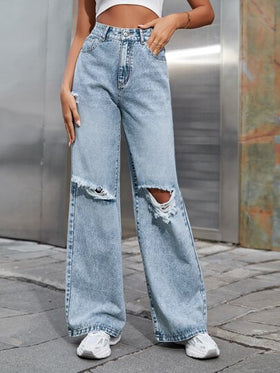 SHEIN EZwear بنطلون جينز بساق عريض ممزق خصر عالي