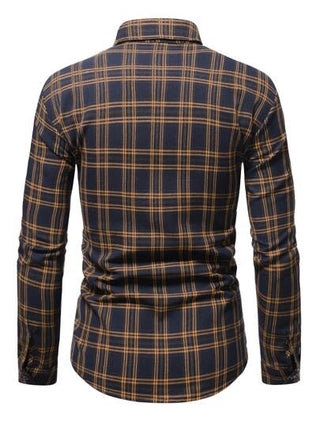 Manfinity Homme قميص كاجوال للرجال بتفاصيل جيب مطبوع مربعات، أزرار أمامية، أكمام طويلة فضفاضة، ياقة، للخروج، للخريف