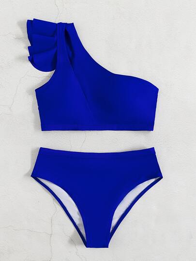 Swim طقم بيكيني بضرة موحدة للصيف، توب حمالة واحدة لا سلكي بتصميم كشكش وسروال بيكيني خصر عالي 2 قطعة