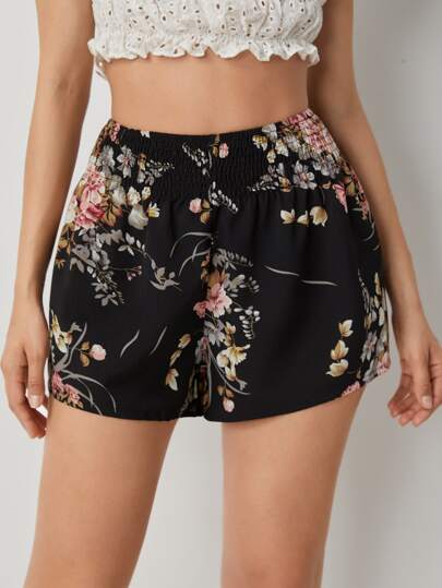 SHEIN VCAY بنطلون قصير خصر مدرز بطباعة أزهار