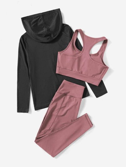 SHEIN Sport Gameset 3 قطع من طقم اللياقة البدنية مكون من فست رياضي متنفس وماص للعرق، وسراويل ضاغطة، وجاكيت بقلنسوة للنساء للتمارين والرياضة