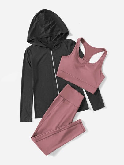 SHEIN Sport Gameset 3 قطع من طقم اللياقة البدنية مكون من فست رياضي متنفس وماص للعرق، وسراويل ضاغطة، وجاكيت بقلنسوة للنساء للتمارين والرياضة