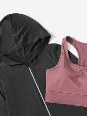 SHEIN Cheerettes 3 قطع من طقم اللياقة البدنية مكون من فست رياضي متنفس وماص للعرق، وسراويل ضاغطة، وجاكيت بقلنسوة للنساء للتمارين والرياضة