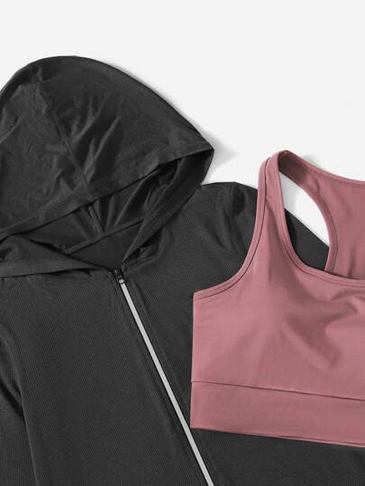 SHEIN Sport Gameset 3 قطع من طقم اللياقة البدنية مكون من فست رياضي متنفس وماص للعرق، وسراويل ضاغطة، وجاكيت بقلنسوة للنساء للتمارين والرياضة