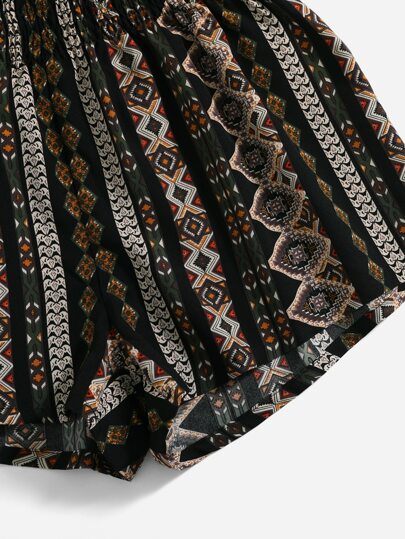 SHEIN VCAY سروال قصير نسائي اسود عالي الخصر للشاطئ بالصيف مع طبعات هندسية وخصر مجمع