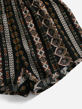 SHEIN VCAY سروال قصير نسائي اسود عالي الخصر للشاطئ بالصيف مع طبعات هندسية وخصر مجمع