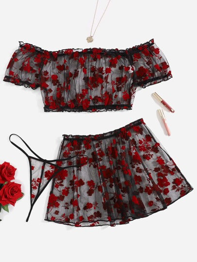 SHEIN 3 قطع مقاس كبير طباعة الأزهار شبكي شفاف طقم ملابس داخلية مع تنورة