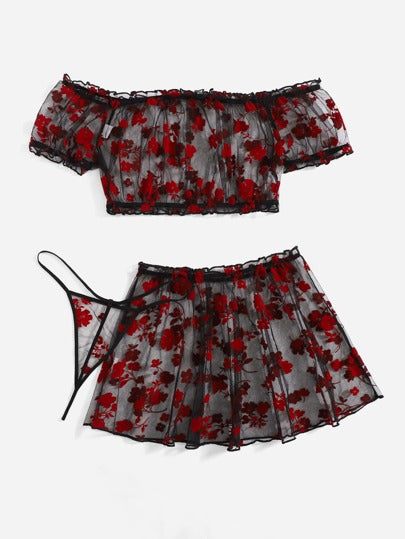SHEIN 3 قطع مقاس كبير طباعة الأزهار شبكي شفاف طقم ملابس داخلية مع تنورة