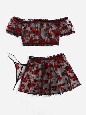 SHEIN 3 قطع مقاس كبير طباعة الأزهار شبكي شفاف طقم ملابس داخلية مع تنورة