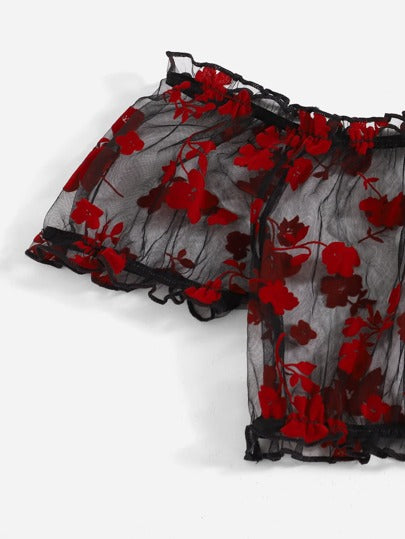SHEIN 3 قطع مقاس كبير طباعة الأزهار شبكي شفاف طقم ملابس داخلية مع تنورة