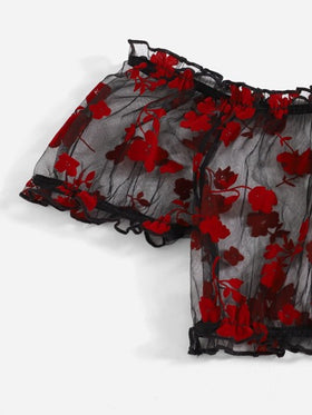 SHEIN 3 قطع مقاس كبير طباعة الأزهار شبكي شفاف طقم ملابس داخلية مع تنورة