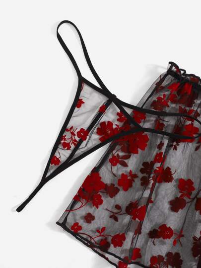SHEIN 3 قطع مقاس كبير طباعة الأزهار شبكي شفاف طقم ملابس داخلية مع تنورة