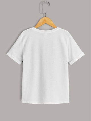 SHEIN قميص للصبيان بالقصة المراهقة وتفاصيل طيات الأكمام ، مع طباعة الحروف والشريط الجرافيك