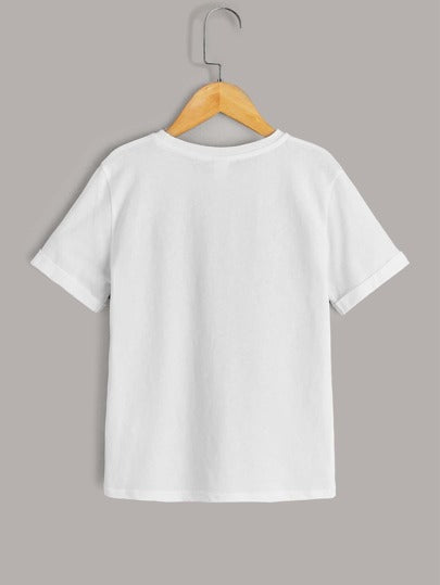 SHEIN قميص للصبيان بالقصة المراهقة وتفاصيل طيات الأكمام ، مع طباعة الحروف والشريط الجرافيك