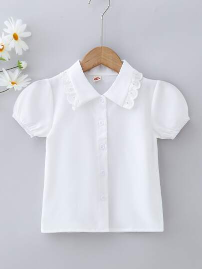 SHEIN قميص أبيض أحادي اللون قصير الأكمام كاجوال للفتاة الصغيرة