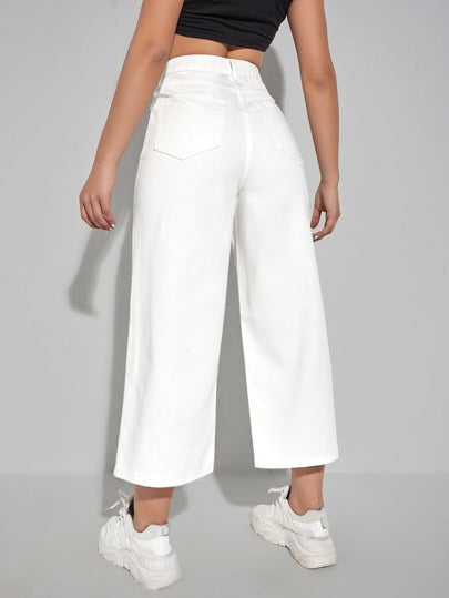 SHEIN EZwear بنطلون جينز مقصوص بساق عريضة