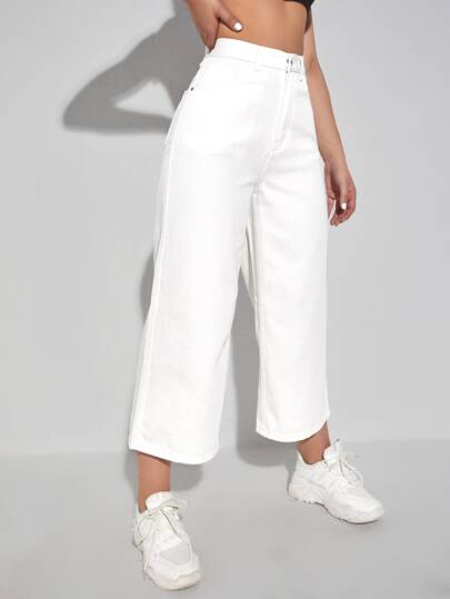 SHEIN EZwear بنطلون جينز مقصوص بساق عريضة