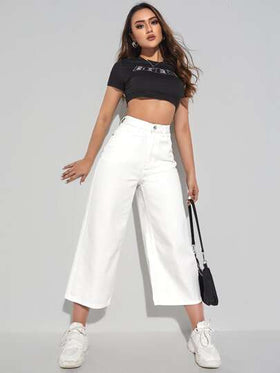 SHEIN EZwear بنطلون جينز مقصوص بساق عريضة