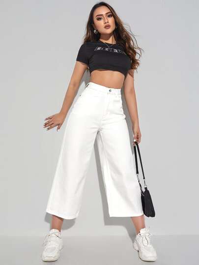 SHEIN EZwear بنطلون جينز مقصوص بساق عريضة