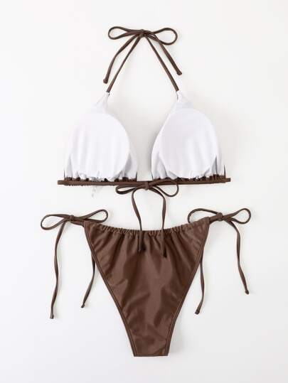 SHEIN Swim Curve مجموعة بكيني حجم كبير للشاطئ الصيفي، حمالة عنق وسفلي مربوط بجانب 2 قطعة بيكيني لبس السباحة
