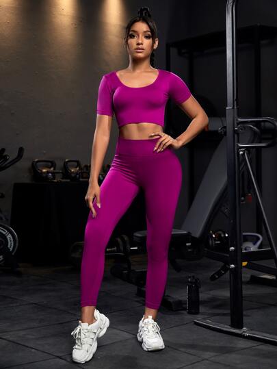 POWERISTA Powerista 2 قطعة بدلة رياضية مجموعة يوغا مرنة بطول كامل، ملابس علوية رقبة مستديرة وبنطال صالة الألعاب الرياضية مع تحكم في البطن، ملابس نساء رياضية