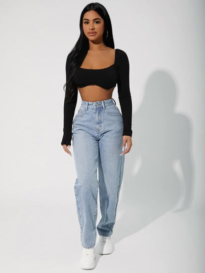 SHEIN PETITE جينز مام ضيق بسحاب وخصر عالي