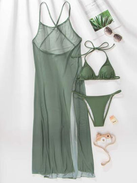 SHEIN Swim شفاف طقم بيكيني مثلث حمالة صدر & سروال داخلي ثونغ لباس قيعان وغطاء فستان