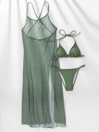 SHEIN Swim شفاف طقم بيكيني مثلث حمالة صدر & سروال داخلي ثونغ لباس قيعان وغطاء فستان