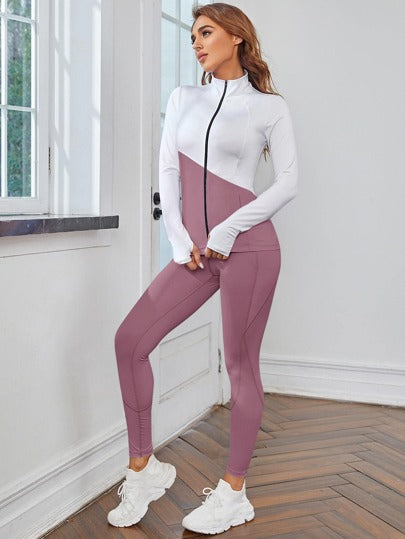 SHEIN Cheerettes دعسوة اللياقة البدنية الملونة مكونة من 2 قطعة، بدلة رياضية تنفس، بدلة اليوجا واللياقة البدنية، جاكيت رقبة مستديرة وبنطلون ضيق، مجموعة نسائية للتمارين الرياضية