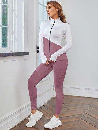 SHEIN Sport Studio دعسوة اللياقة البدنية الملونة مكونة من 2 قطعة، بدلة رياضية تنفس، بدلة اليوجا واللياقة البدنية، جاكيت رقبة مستديرة وبنطلون ضيق، مجموعة نسائية للتمارين الرياضية