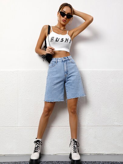 SHEIN EZwear شورت برمودا حافة خام دنيم
