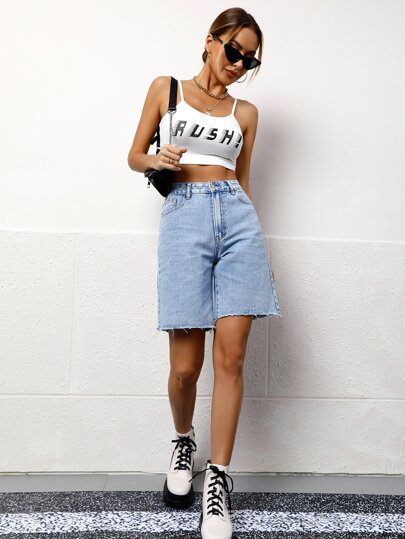 SHEIN EZwear شورت برمودا حافة خام دنيم