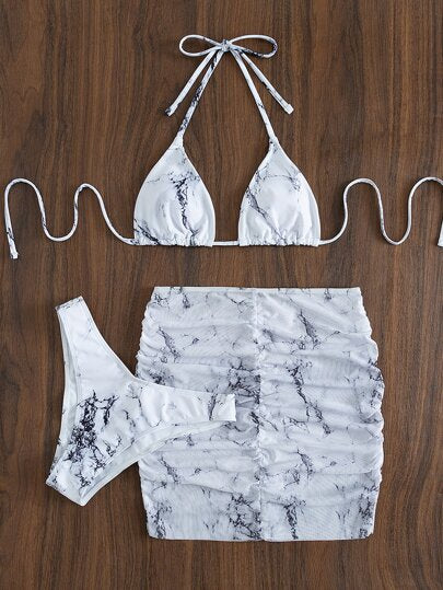 Swim SXY بيكيني مثلث مايكرو هالتر بطبعة رخامية للشاطئ مع تنورة شاطئ