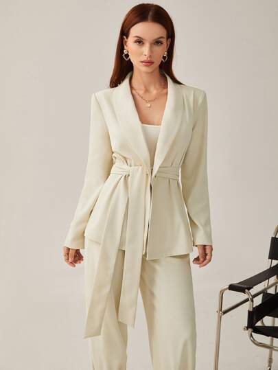 BizChic جاكيت موحدة اللون ياقة طوق حزام ملابس العمل