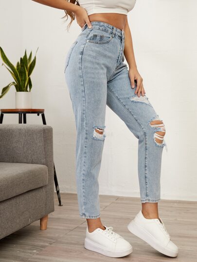 SHEIN Essnce بنطلون جينز ممزق بخصر عالي