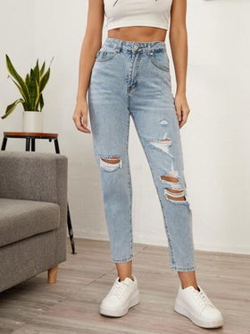 SHEIN Essnce بنطلون جينز ممزق بخصر عالي