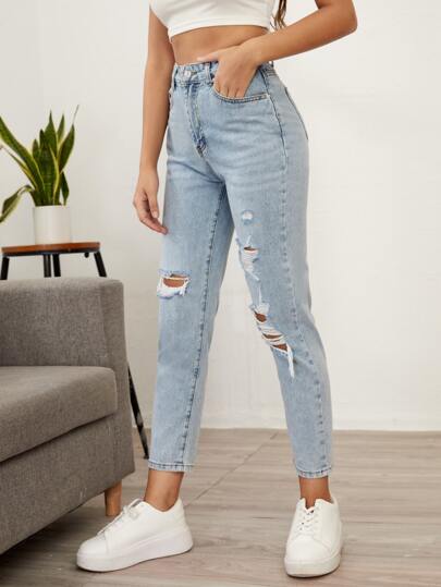 SHEIN Essnce بنطلون جينز ممزق بخصر عالي