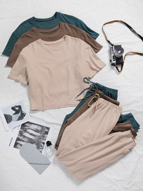 SHEIN 3 مجموعات من طقم ملابس المنزل متكون من تي شيرت بلون واحد وبنطلون ربطة أمامية