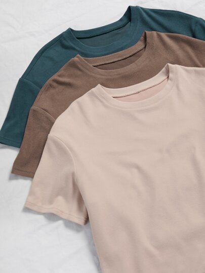SHEIN 3 مجموعات من طقم ملابس المنزل متكون من تي شيرت بلون واحد وبنطلون ربطة أمامية