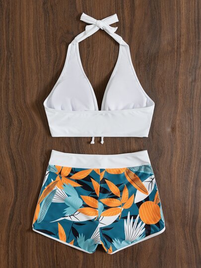 Swim Lushoire بيكيني عنق طوق مطبوع بنباتات الشاطئ الصيفية مع شورت