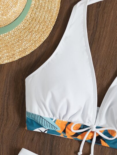 Swim Lushoire بيكيني عنق طوق مطبوع بنباتات الشاطئ الصيفية مع شورت