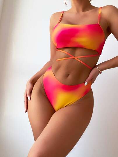 SHEIN Swim ألوان متدرجة طقم بيكيني أشرطة متقاطعة صدرية كامي & منخفض وورك لباس قيعان وغطاء تنورة 2قطع بدلة سباحة